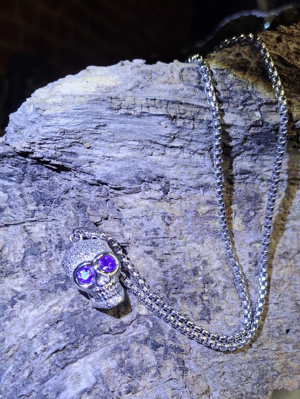 Silver Skull Pendant Necklace with Blue Eyes